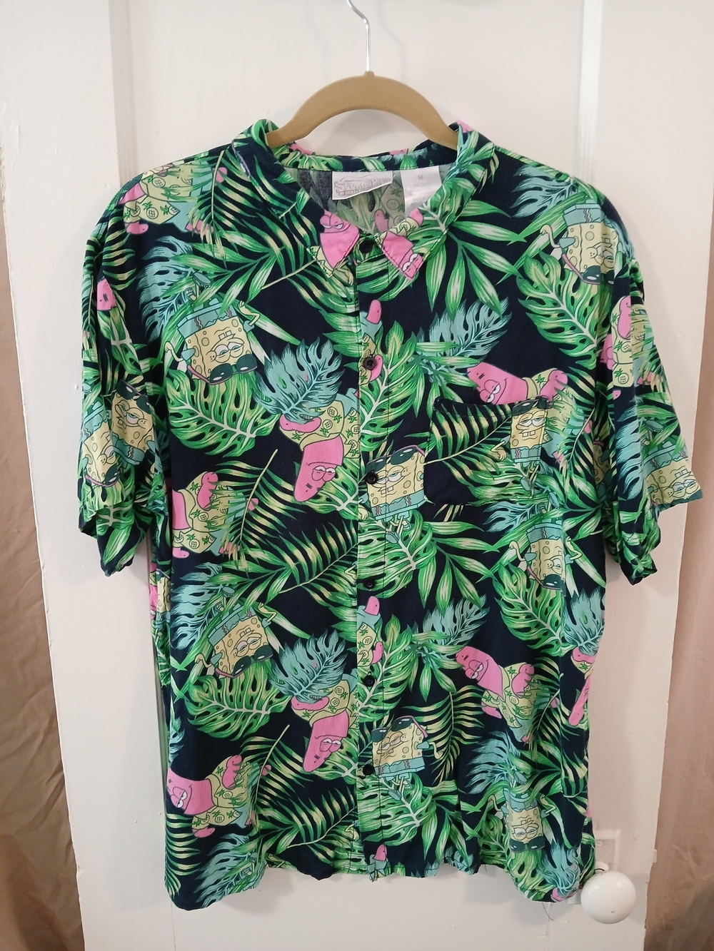 SpongeBob Squarepants Navy Tropical Button-Down Shirt with Green & Pink Print